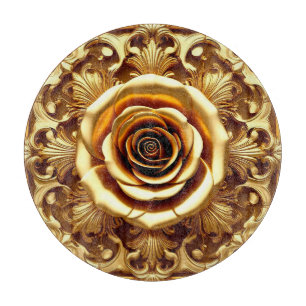 Elegante Goldene Rose mit Verziertem Dekorationsra Schneidebrett