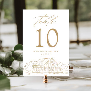 Elegante Goldene Rustikale Scheunenhochzeit Tischnummer