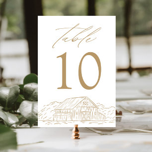 Elegante Goldene Rustikale Scheunenhochzeit Tischnummer