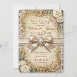 Elegante Goldene Rustikale Spitze Elfenbein-Rose P Einladung