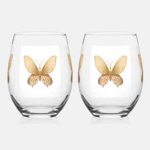 Elegante Goldene Schmetterlings-Illustration Stiel Weinglas Ohne Stiel