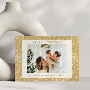 Elegante goldene Schneeflocken moderne Foto Weihna Feiertagskarte