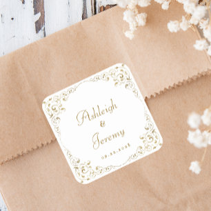 Elegante goldene Schriftblatt-Hochzeit Quadratischer Aufkleber