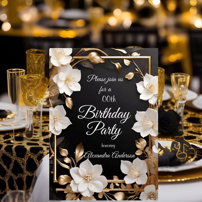 Elegante Goldene Schwarz-weiße Blütenparty Einladung (Von Creator hochgeladen)