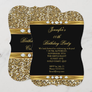 Elegante Goldene Schwarze Glitzer Diamant Geburtst Einladung