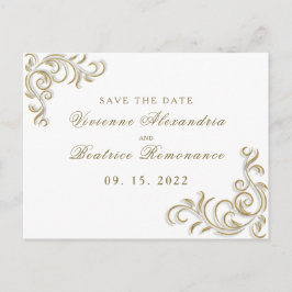 Elegante goldene Scrollhochzeit Sichern des Datums Postkarte