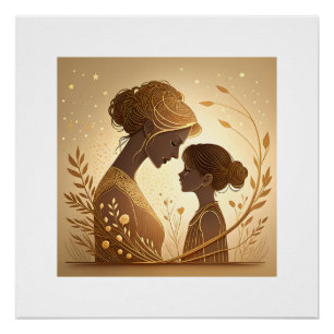 Elegante goldene Silhouette Mutter & Tochter – Poster