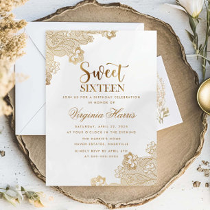 Elegante Goldene Spitze Verzierte Sweet Sixteen 16 Einladung