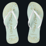 Elegante goldene Spitzen Trauzeugin Mint Green Wed Flip Flops<br><div class="desc">Diese wunderschönen Hochzeitskippen sind eine großartige Möglichkeit, Ihre Trauzeugin zu danken und zu erkennen, während sie gleichzeitig ihre Füße rette. Das elegante Design mit goldfarbenen Spitzen-Frills auf einem hellen neo-mint-grünen Hintergrund und extravagant goldfarbenen Schriftzeichen. Der Test liest Trauzeugin mit ihrem Namen unten. Ein guter Weg, ihr zu danken, dass sie...</div>