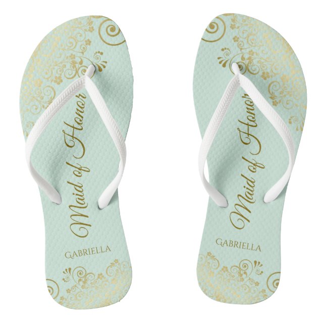 Elegante goldene Spitzen Trauzeugin Mint Green Wed Flip Flops (Fußbett)