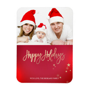 Elegante Goldene Sterne Rotes Foto Frohe Weihnacht Magnet