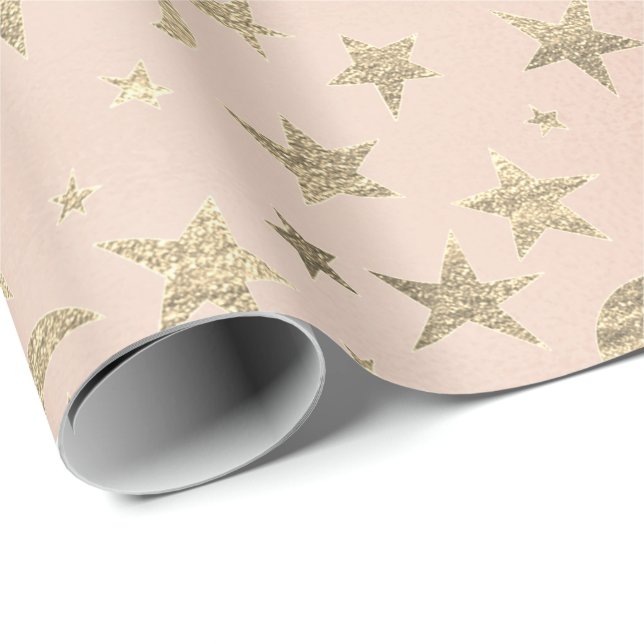 Elegante Goldene Sterne und Mondlicht Imitate Rosa Geschenkpapier (Rolleneckpunkt)
