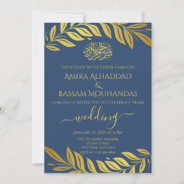 Elegante goldene und blaue islamische Hochzeit Einladung