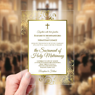 Elegante goldene und weiße verzierte Schnörkel kat Acryleinladungen