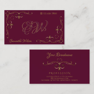 Elegante Goldene Verzierte Ecken Burgund mit Initi Visitenkarte