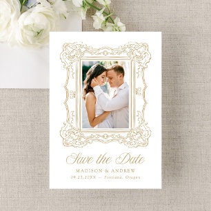Elegante goldene verzierte Rahmen-Foto-Hochzeit Save The Date