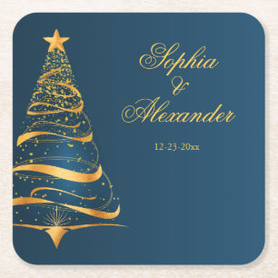 Elegante goldene Weihnachtsbaum-Hochzeit Chic Rechteckiger Pappuntersetzer