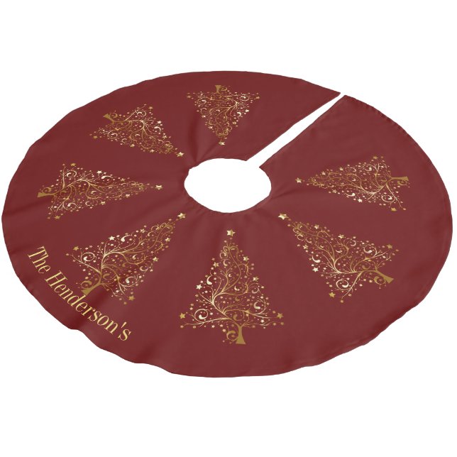 Elegante goldene Weihnachtsbäume auf dunkelrotem Polyester Weihnachtsbaumdecke (Schrägansicht)