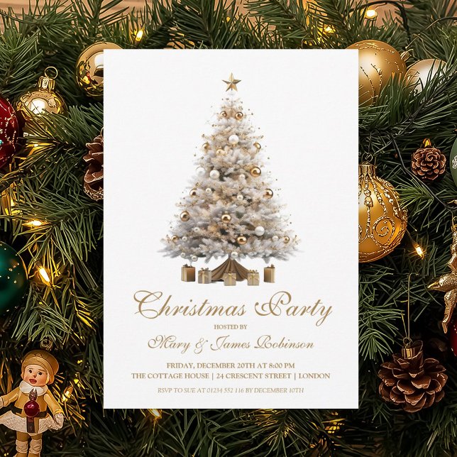 Elegante Goldene Weihnachtsfeier Einladung (Elegant Gold Christmas Tree Holiday Party Invitation)
