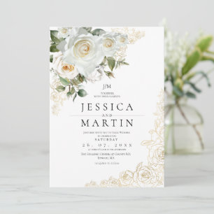 Elegante Goldene Weiße Rosen Garten Hochzeit Einladung
