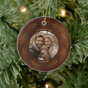 Elegante goldene Zweige Familienfoto Weihnachten B Keramik Ornament