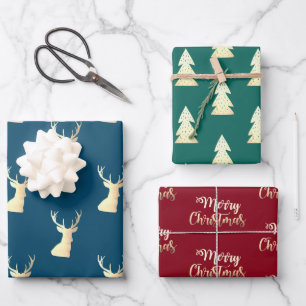 Elegante goldfarbene, blaue Weihnachtsmuster Geschenkpapier Set