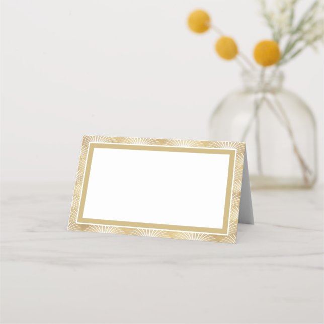 Elegante Goldfarbene Kunst-Deco Fan Hochzeit Platzkarte (Vorderseite)
