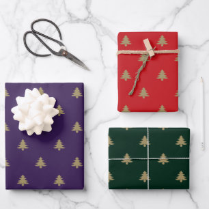 Elegante goldfarbene lila-grüne Weihnachtsbaumen Geschenkpapier Set