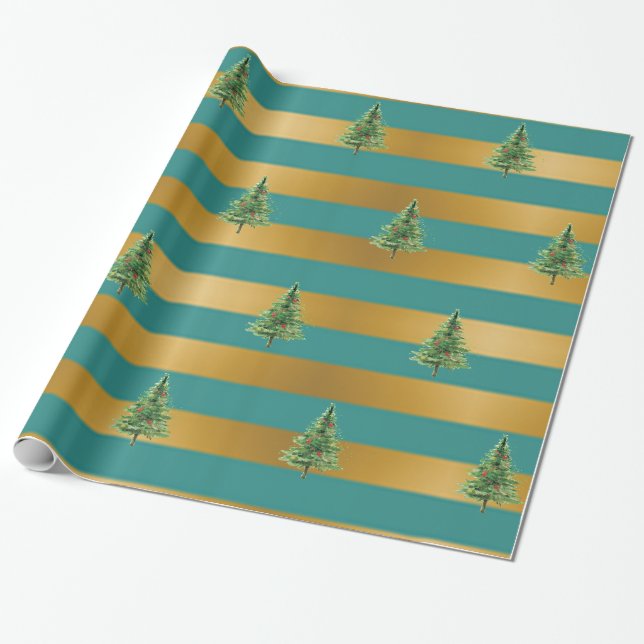 Elegante goldfarbene Streifen, Kiefernbäume, Urlau Geschenkpapier (Ungerollt)