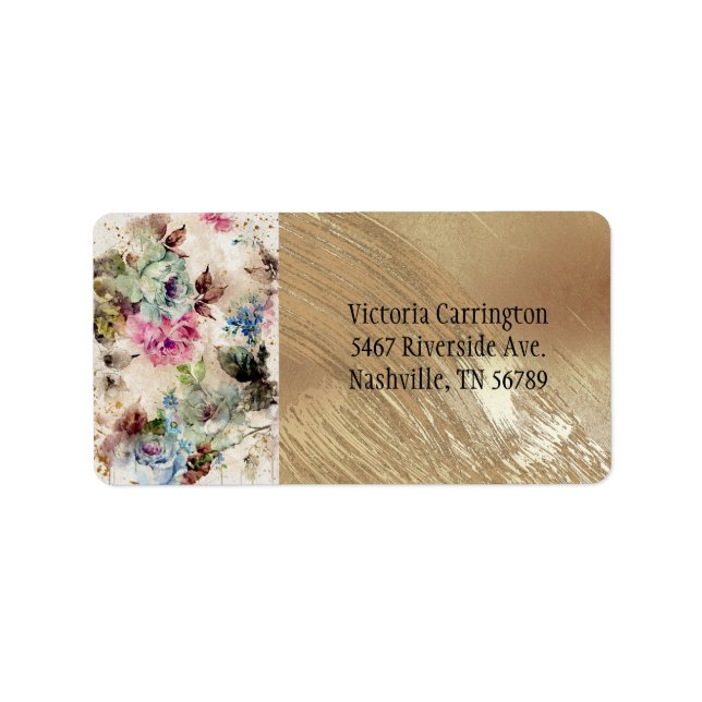 Elegante Goldflorale Wasserfarbe Abstrakt Hochzeit Adressaufkleber (Vorne)
