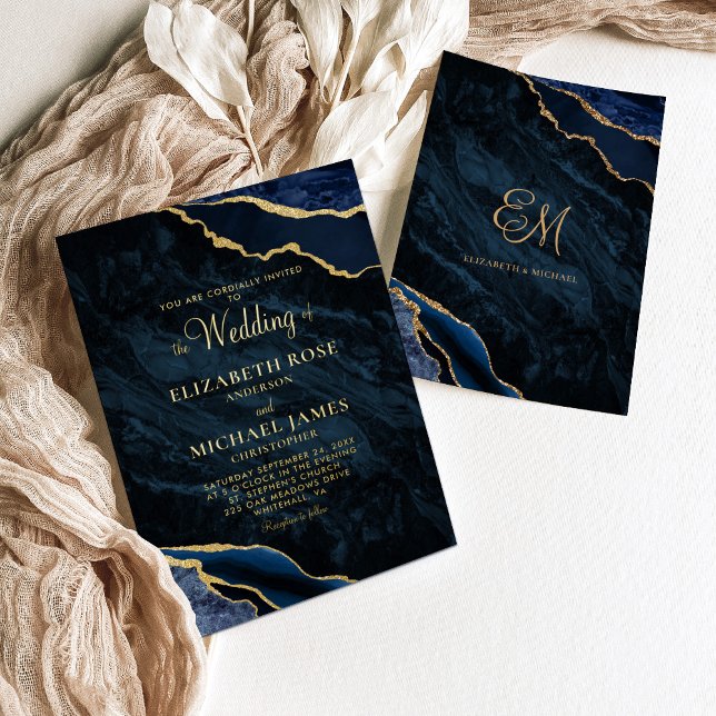 Elegante Goldfoil Navy Agate Marmorhochzeit Folieneinladung (Von Creator hochgeladen)