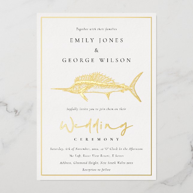 Elegante Goldfoil Sage Grüne Marline Hochzeit Folieneinladung (Vorderseite)