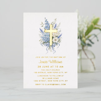 Elegante Goldfolie blaue Hortensien-Taufe Folieneinladung