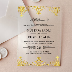 Elegante Goldfolie-Damaskus-islamische Hochzeit Acryleinladungen