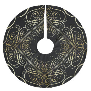 Elegante Goldfolie Filigree Scrollwork Black Polyester Weihnachtsbaumdecke