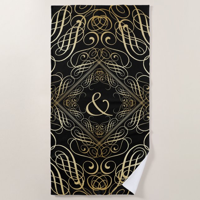 Elegante Goldfolie Filigree Scrollwork Black Strandtuch (Vorderseite)