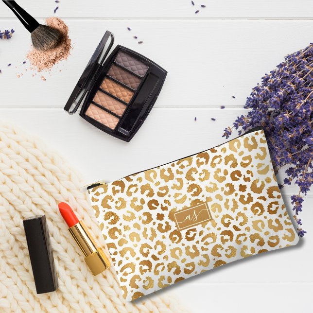 Elegante Goldfolie Leopard Print White Mit Monogra Zubehörtasche (Von Creator hochgeladen)