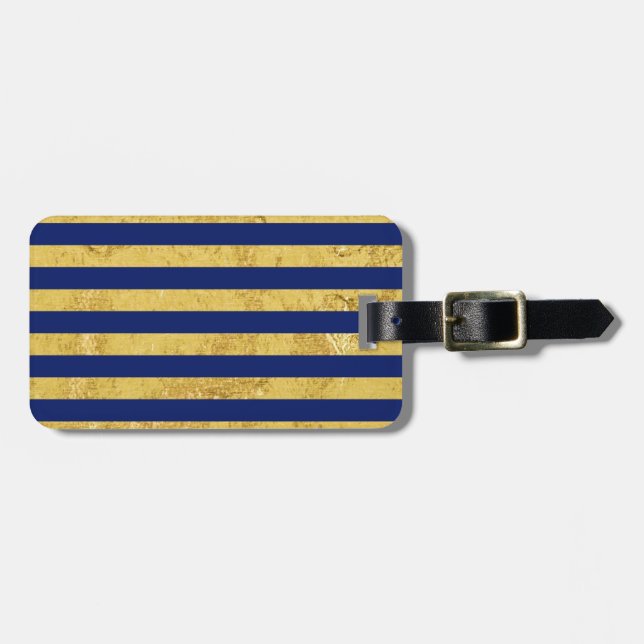 Elegante Goldfolie und blauer Streifen-Muster Gepäckanhänger (Vorderseite horizontal)