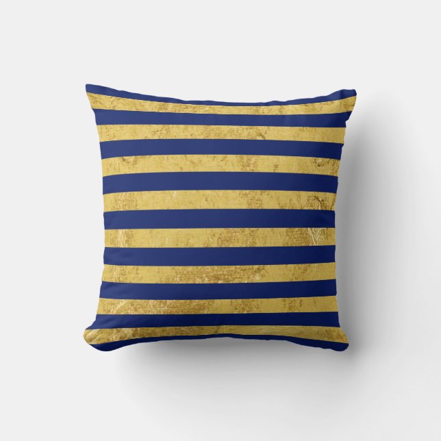 Elegante Goldfolie und blauer Streifen-Muster Kissen (Vorderseite)