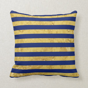 Elegante Goldfolie und blauer Streifen-Muster Kissen