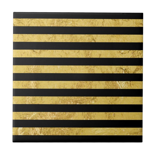 Elegante Goldfolie und schwarzes Streifen-Muster Fliese (Vorderseite)