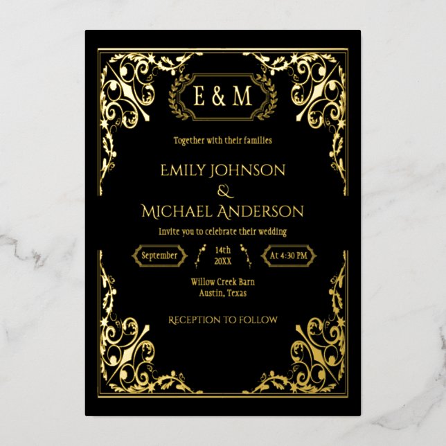 Elegante Goldfolie Verziert Monogram Black Wedding Folieneinladung (Vorderseite)