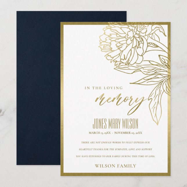 ELEGANTE GOLDFOLIENIMITATE FLORALLES BEILEID MEMOR DANKESKARTE (Vorne/Hinten)