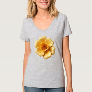 Elegante goldgelbe Blume Frauen V-Neck T - Shirt