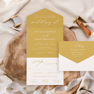 Elegante goldgelbe Kalligrafie-Schrift Hochzeit All In One Einladung