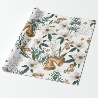 Elegante Goldglocken & Weißes Winterblumenmuster Geschenkpapier
