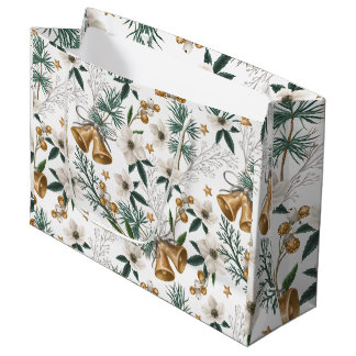 Elegante Goldglocken & Weißes Winterblumenmuster Große Geschenktüte