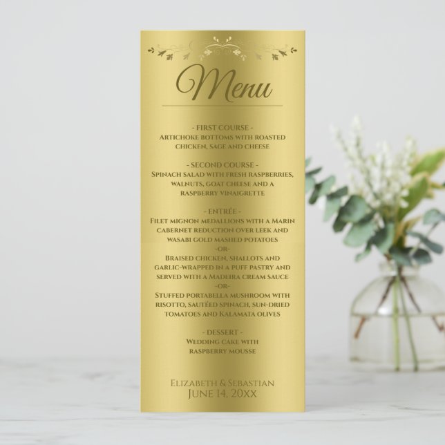 Elegante Goldgradient & Vintage Filigree Hochzeit Menükarte (Stehend Vorderseite)