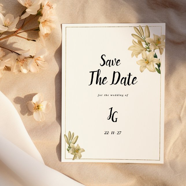 Elegante, goldgrüne Blume mit weißer Lilie Save th Einladung (Elegant gold green white lily flower Save The Date)