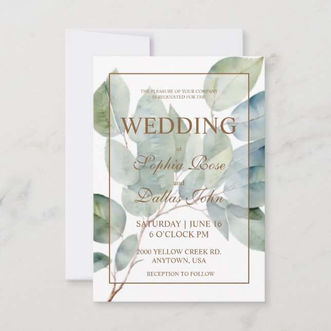 Elegante goldgrüne Kalligraphie Hochzeit Einladung (Vorderseite)